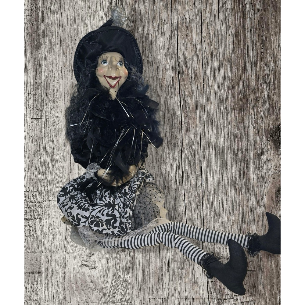 HALLOWEEN HAPPY WITCH WITH FEATHERS SHELF SITTER.